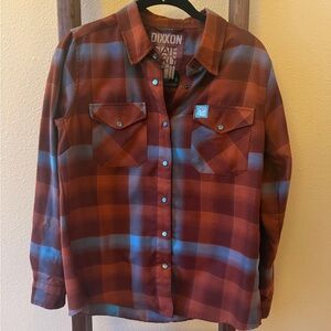 DIXXON Women's State 48  Rust and Turquoise Plaid Flannel Pearl-Snap Shirt